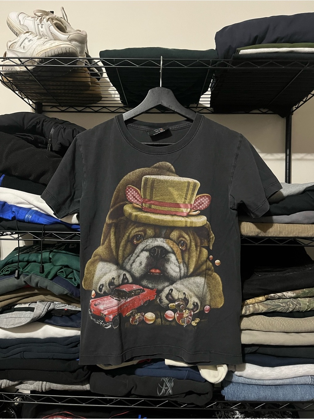 Rick Owens Black Bulldog Graphic Tee with Red Car Accent